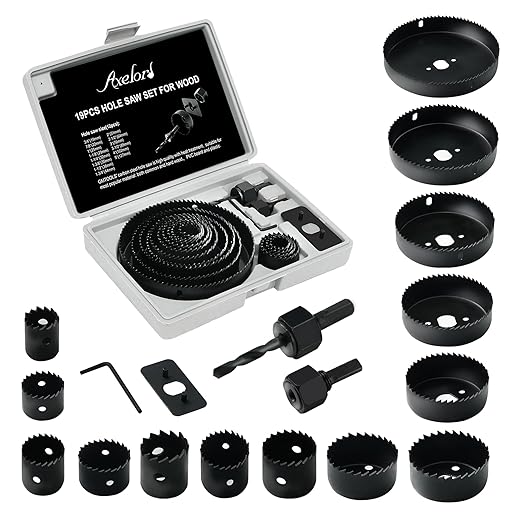 Hole Saw Set, 19Pcs Hole Saw Kit with 3/4" to 5" (19mm-127mm) Saw Blades, Mandrels, Drill Bits, Installation Plate, Hex Key, Ideal for Soft Wood, Plastic, PVC Board, Drywall with Storage Case