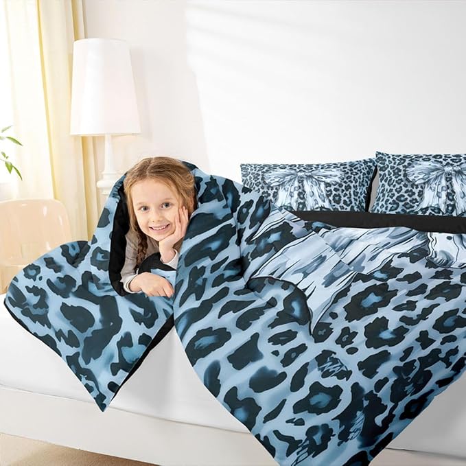 Feelyou Leopard Print Comforter Set All Season Cute Blue Bow Bedding Set with 2 Pillow Cases Cheetah Animal Fur Microfiber Kids King Bedclothes Bedroom Decor Duvet Quilt Breathable Soft Lightweight