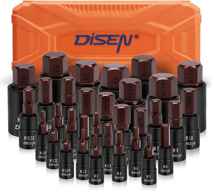 DISEN 32-Piece HEX Bit Socket Set | SAE & Metric Allen Wrench Socket Set with Enhanced Storage Case, Premium Heat Treated Chrome Vanadium Steel & S2 Alloy Steel