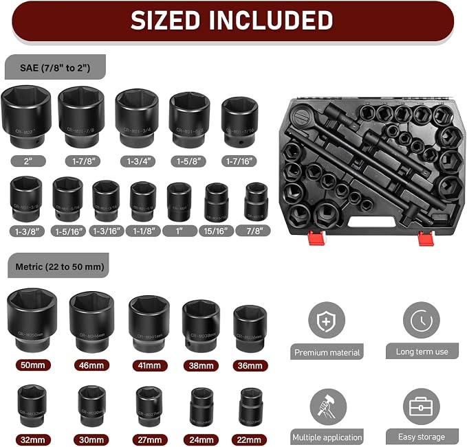 27 PCS Master Impact Socket Set 3/4-Inch-Drive Jumbo Impact Socket Set,Standard SAE (7/8" to 2") and Metric (22 to 50 mm) Size Socket Set with Extension