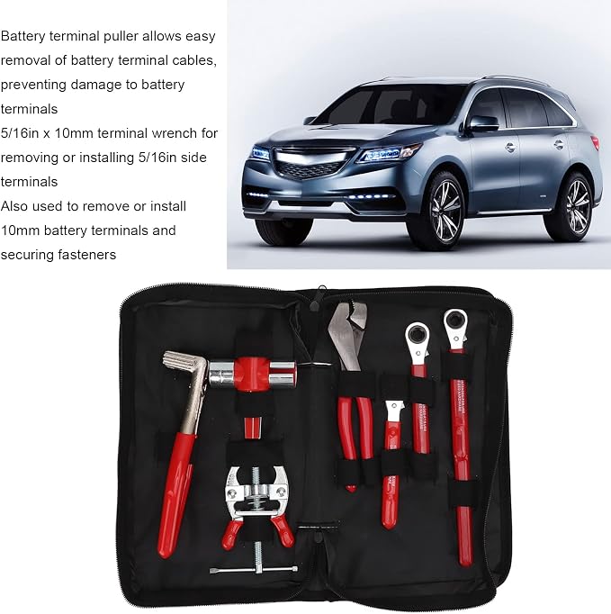 Battery Service Tool Kit, 7pcs Battery Terminal Puller Steel Battery Plier High Strength Battery Terminal Spreader Auto Repair Tool With 5/16in Wrench 10mm Wrench for Battery Maintenance