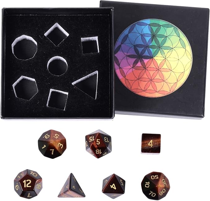 mookaitedecor 7 PCS Red Tiger's Eye Crystal Polyhedral DND Dice Set, Polished Tumbled Stones Dices for RPG MTG Table Games Home Decoration