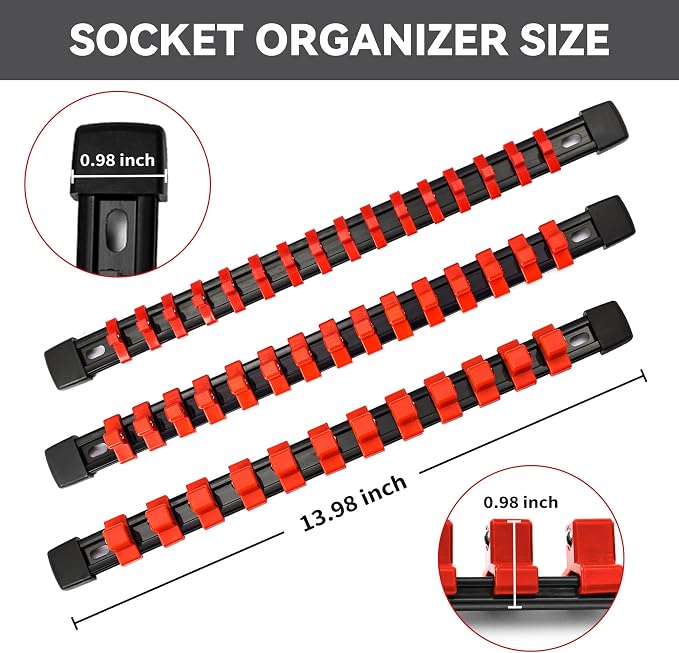 Reniteco 18-Pack Socket Organizer Set, 1/4" x 96 3/8" x 90 1/2" x 72 Clips | 258 Clip Capacity, Havy-Duty ABS Socket Rails, Removable Clips, Drive Socket Storage, Toolbox Drawer or Wall Mount