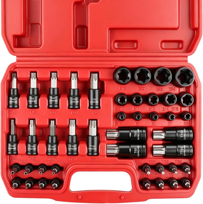 LLNDEI 44PCS E-Socket & Torx Bit Set, Cr-V & S2 Steel | 1/4", 3/8", 1/2" Drive E-Type Sockets with T/TT Torx Bits for Automotive, Machinery Repair