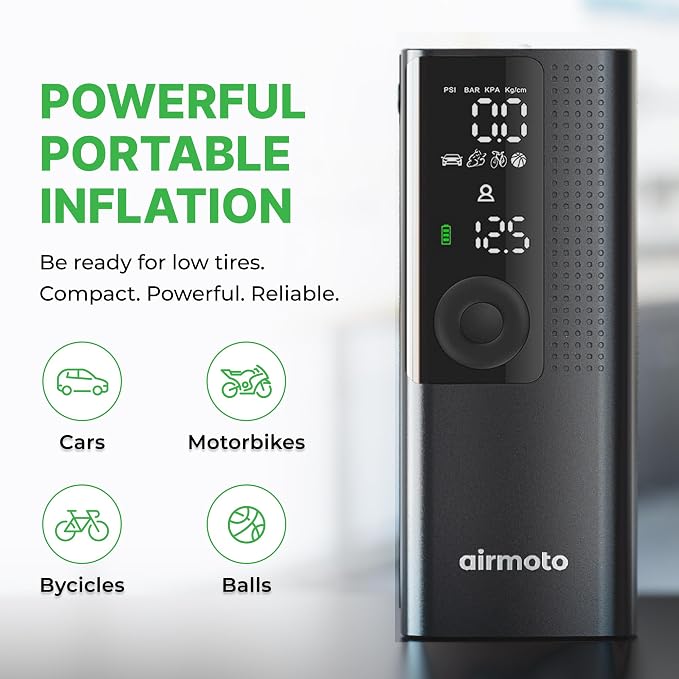 Airmoto Tire Inflator Portable Air Compressor - Air Pump For Car Tires with Digital Pressure Gauge, LED Light and Auto Shut-Off Function - Cordless Pump for Car, Motorcycle, Bicycle, Ball