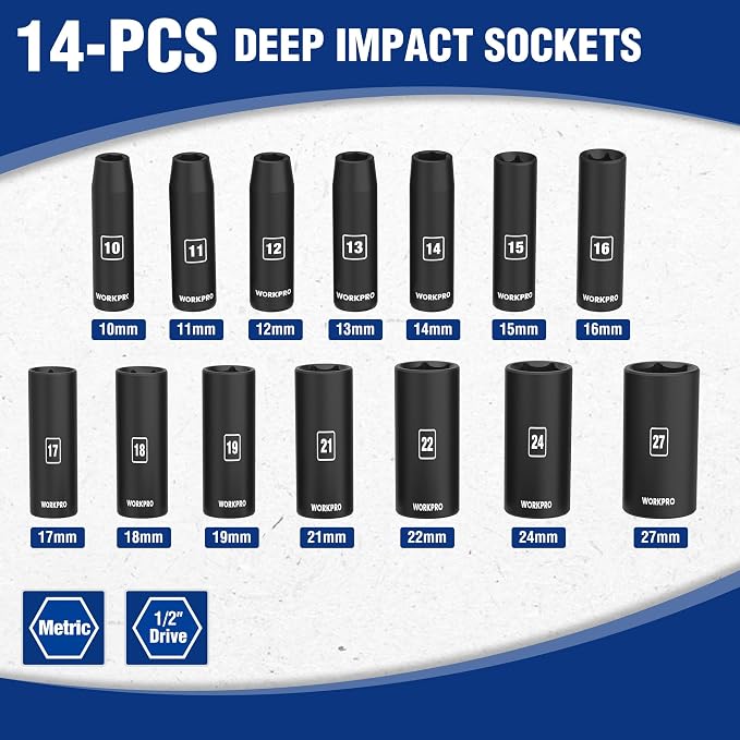 WORKPRO 14-Piece 1/2＂ Drive Deep Impact Socket Set, Metric | 6-Point, Heavy Duty Storage Case for Automotive and Mechanical Repairs, 10mm-27mm, Cr-V Steel