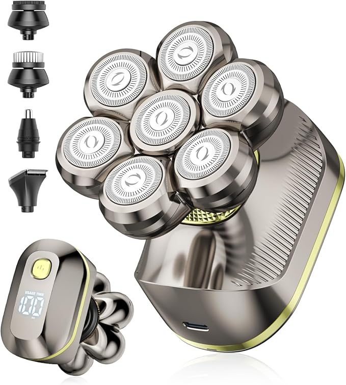 7D Electric Head Shavers for Bald Men, Waterproof Wet & Dry Electric Razor, 5-in-1 Grooming Kit for Home & Travel, Head Shaver with LED Display, 120 Min, Great Gift for Men-Steel Gold