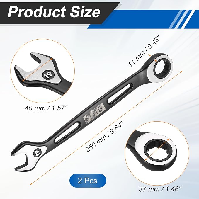 HARFINGTON 2Pcs Ratcheting Combination Wrench 19mm Stubby Wrench Metric High Carbon Steel Double 12-Point Box Open-Ended Ratchet Spanner Tool for Household Garage Workshop Auto Repairs, Black