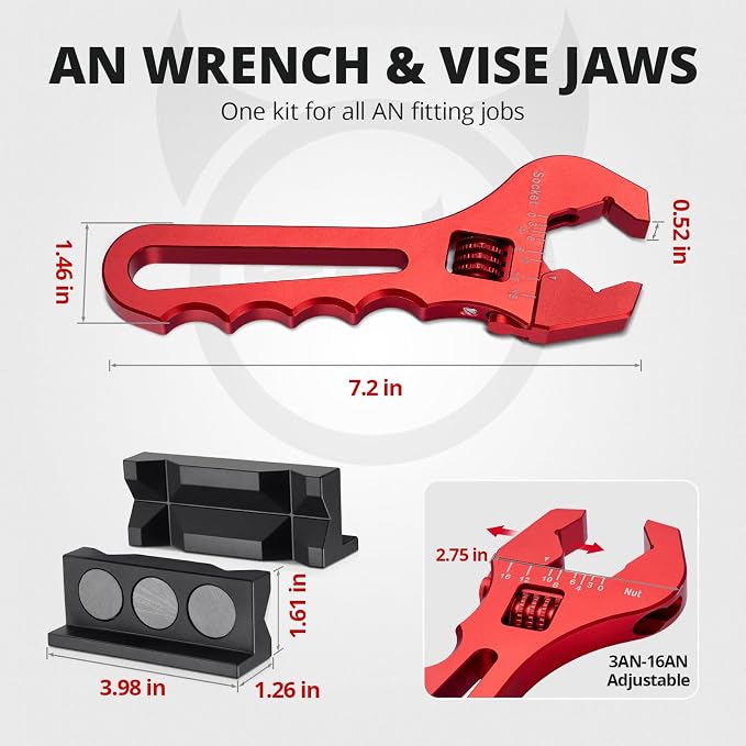 EVIL ENERGY AN Fittings Wrench 3AN-16AN with 4" Magnetic Vise Jaw Pad | Adjustable Aluminum Hose Fitting Wrench, Multi-Groove Clamping Protector, Non-Marring Design for Auto Repair