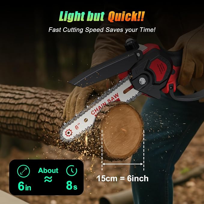 6 Inch Mini Chainsaw Cordless, 24V Battery Powered Chain Saw | Auto Oiler, 2×2000mAh Batteries Included, Lightweight, Tree Trimming, Wood Cutting, Branch Pruning, Gardening