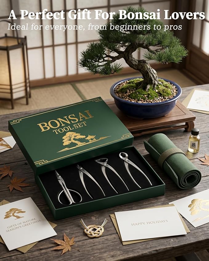 4-Piece Bonsai Tools Set, Professional Stainless Steel Bonsai Tree Kit – Include Concave Cutter, Knob Cutter, Trunk Splitter, Bonsai Scissors, Bonsai Starter Kit with Tool Roll Bag and Gift Box
