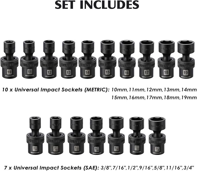 MIXPOWER 3/8'' Drive Master Impact Socket Set, 87-Piece Deep & Standard SAE and Metric,CR-MO, 1/4-Inch to 3/4-Inch and 6-19 mm, Impact Universal Sockets, Inverted Star Sockets, Extension Bar & Adapter