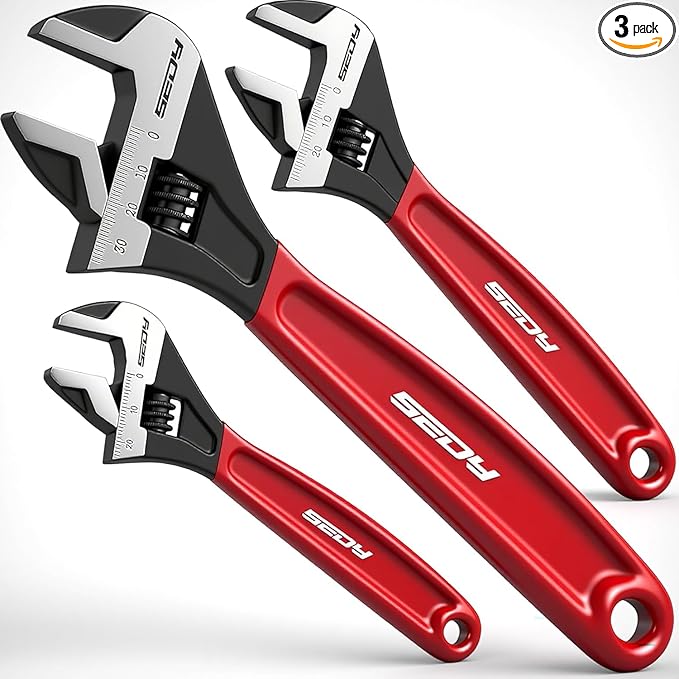 SEDY Adjustable Wrench Set Pipe Spanner: 6" 8" 10" Wide Jaw Black Oxide Wrench With Cushion Grip, Laser Marked Metric & SAE Scales, CR-V Steel for Professional