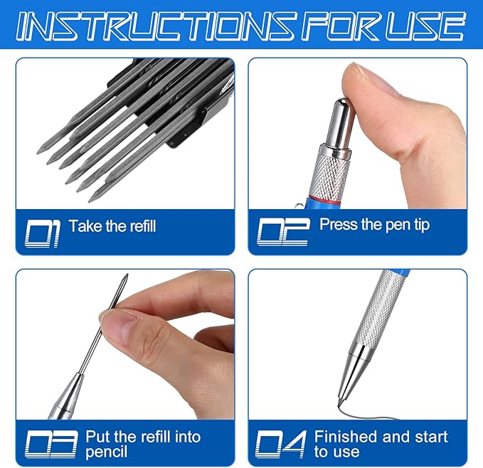 Nezyo 4 Pieces Welder Pencil with 60 Pieces Round Refills Mechanical Pencil Metal Marker Pen for Construction Workers, Metal Work, Welders, Plumbers, Framers (Black, Red, Yellow, Silver)