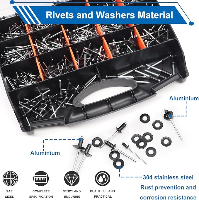 smseace Black, Silver(Can Choose) Pop Rivet Gun Kit Black Pop Rivets, Large Flange Rivets, Washers and Rivets Gun Tool Packed in Portable Toolbox with Color Label