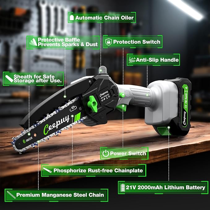CEEPUY Mini Chainsaw Cordless,6 Inch Portable Electric Chainsaw with Automatic Oiler/Security Lock/Battery Powered Small Handheld Saw for Trees Branches Trimming,Wood Cutting, Gifts for Men Women