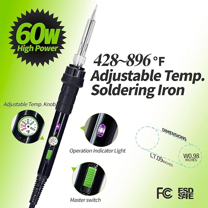 YIHUA 947-III Soldering Iron Kit with Temperature Stabilization, On-off Switch, 60W Portable Soldering Iron Kit with Holder, Tip Cleaner, Cleaning Sponge, 110V US Plug