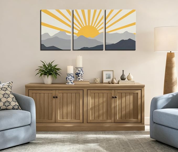 Frimeeme Modern Boho Sun Canvas Wall Art, Set of 3, Yellow and Gray Mountain Sunrise, 12x16 Inch Each, Framed