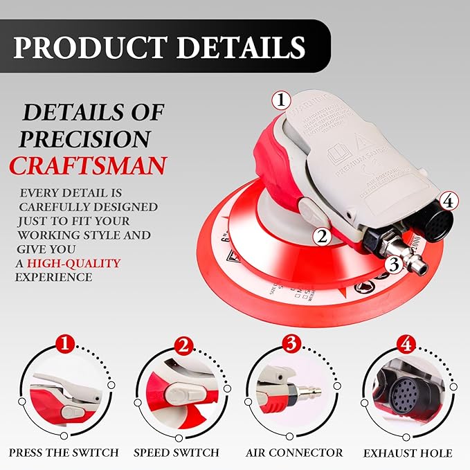 5/6 Inch Pneumatic Orbital Air Sander High-Speed DA Sander for auto body/Ideal for Woodworking, Auto Polishing, and Metal Sanding (6 inch)