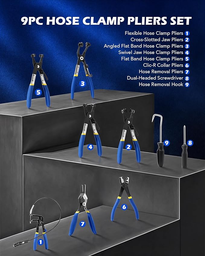 OMT 9pcs Hose Clamp Pliers for Fuel Oil & Water Hoses | Automotive Long Reach Hose Clamp Remover Kit with Flexible Wire Clic R Type Swivel Jaw Flat Band Pliers Case, Blue
