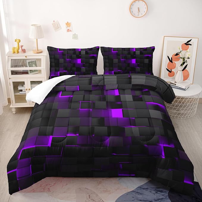 Geometric Violet Black Comforter Set,Light Honeycomb 3 Piece Bedding Set Twin Size for Teen Boys,Modern Bedding Quilt Set Geometry Decor,Microfiber Lightweight 1 Comforter 2 Pillowcases All Season