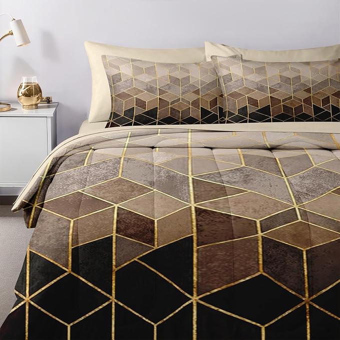 Nesker Comforter Set Full Size, Black Golden Gradient Cubic 7 Pcs Bedding for Kids and Adults, Brown Modern Geometric Bed Sheet Sets with Fitted Sheet 2 Pillowcases & 2 Shams
