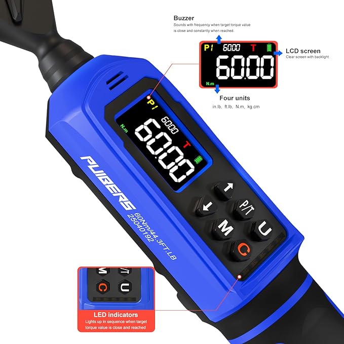 Digital Torque Wrench 3/8 Inch Drive 0.66-44.3 FT.LB (0.9-60Nm),Electronic Inch Pound Torque Wrench ±1% Accuracy 5Units,with Extension Bar 1/4" Adapter for Car,Motorcycle,Bicycle ﻿Buzzer Alarm