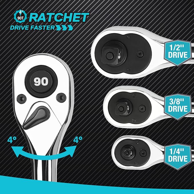DURATECH 3-Piece Drive Ratchet, 90-Tooth Quick-Release Ratchet Wrench | 1/4", 3/8", 1/2" Socket Wrench for Men Women, Reversible, Cr-V Made, 4° Swing, Full Polished-with Plastic Insert Storage Box