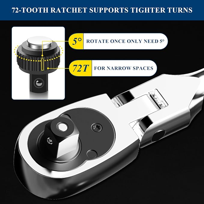 PRIDE&CRAFT 4-Piece Flex Head Ratchet Set, 1/4", 3/8", 1/2" Drive, 3/8" Stubby, 72-Tooth, Socket Wrench Quick Release Reversible Design, Swivel Head Ratchet, Chrome Alloy Made, EVA Organizer