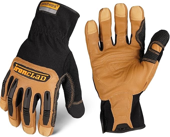 Ironclad Ranchworx Work Gloves RWG2, Premier Leather Work Glove, Performance Fit, Durable, Machine Washable, (1 Pair), RWG2-06-XXL,Black/Tan