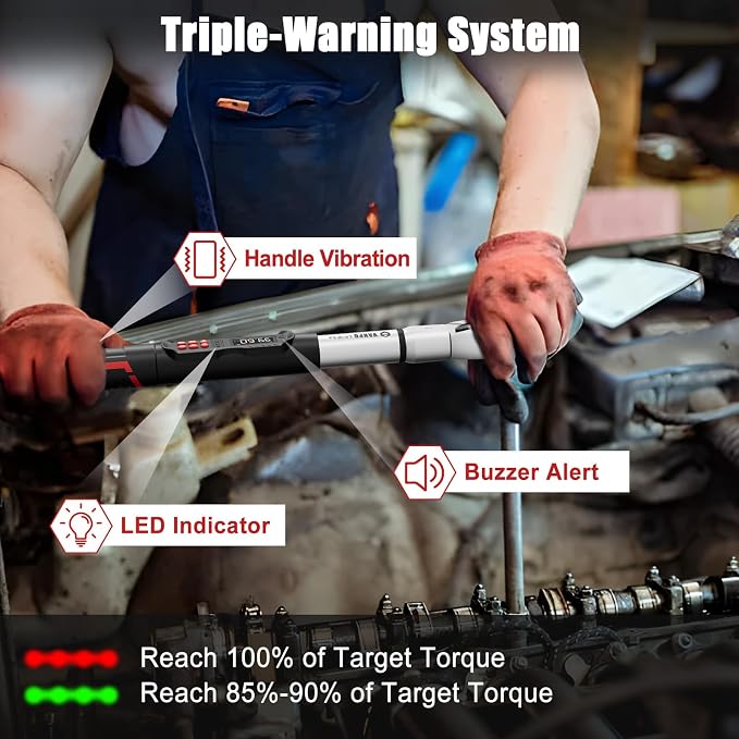 VANPO Adjustable HVAC Digital Torque Wrench, 5-99.6 Ft.lb/6.8-135Nm | 38mm Jaw & 1/2" Ratchet, 14×18mm Open End, ±2% Accuracy, Buzzer, Vibration, LED Indicator for Split AC, Motorcycle, Plumbing