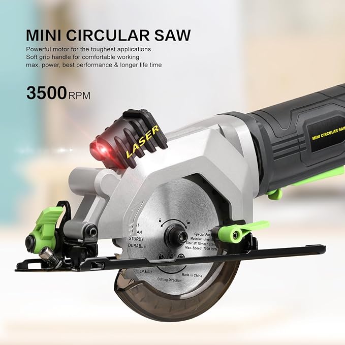 Power Circular Saw,4.8A Mini Circular Saw with Laser Guide,4000RPM Corded Saw Equipped with 1 Pc 4-1/2" Blades，Maximum Cutting 1-11/16" at 90° and 1-1/8"at 45° for Wood, Soft Metal, Plastic