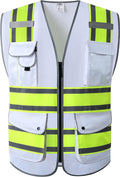 JKSafety 9 Pockets High Visibility Zipper Front Safety Vest | White with Dual Tone High Reflective Strips | Meets ANSI/ISEA Standards (901-White, XX-Large)