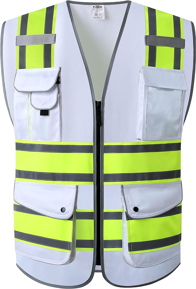 JKSafety 9 Pockets High Visibility Zipper Front Safety Vest | White with Dual Tone High Reflective Strips | Meets ANSI/ISEA Standards (901-White, XX-Large)