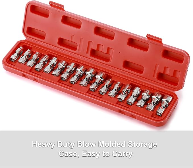 CASOMAN 17PCS 3/8" Drive Universal Flex Socket Set, SAE&Metric, 3/8" to 3/4", 10mm to 19mm, 6-Point, CR-V, Swivel Head, 360 Degree Access