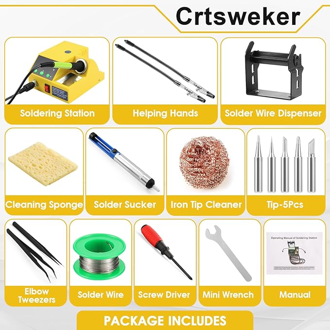 Soldering Station, 100W Digital Display Soldering Iron Station Kit with 2 Helping Hands, 356°F - 896°F, Auto Sleep, °C/°F Conversion, Solder Wire, Tips, Stand, Pump, Tweezers, Tip Cleaner, Yellow