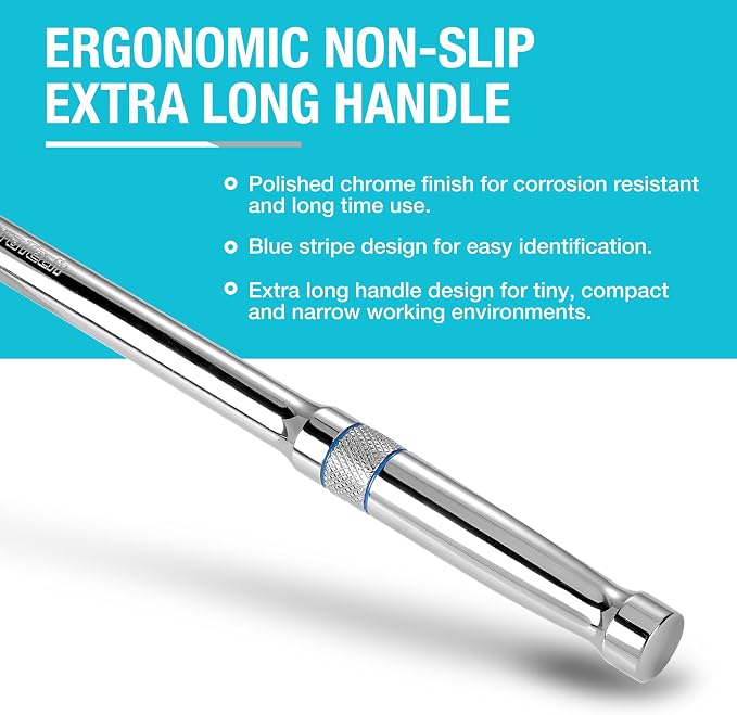 DURATECH Extra Long Handle 1/2-Inch Drive Ratchet, 90-Tooth Ratchet Wrench | Socket Wrench with 15" Handle and Dust Proof Teardrop Enclosed Head, Reversible, CR-V Steel Made, CR-MO Head, Full Polished
