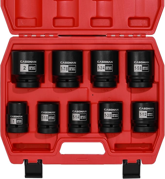 CASOMAN 1-Inch Drive Spindle Axle Nut Impact Socket Set, Shallow, 1" to 2", 9PCS Impact Large Socket Set, 6-Point, SAE, CR-MO