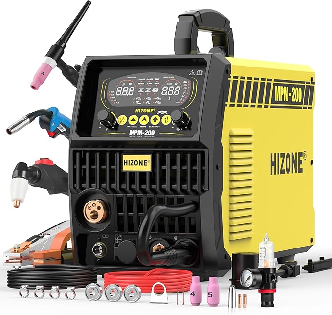 HIZONE Multifunctional Welders Plasma Cutter Combo 200A，8 in 1 Multiprocess Welder Gas MIG/PULSE MIG/MAG/Flux Gasless MIG/HF TIG/Stick/CUT/SPOT MIG 110/220V Dual Voltage Aluminum Welding Machine