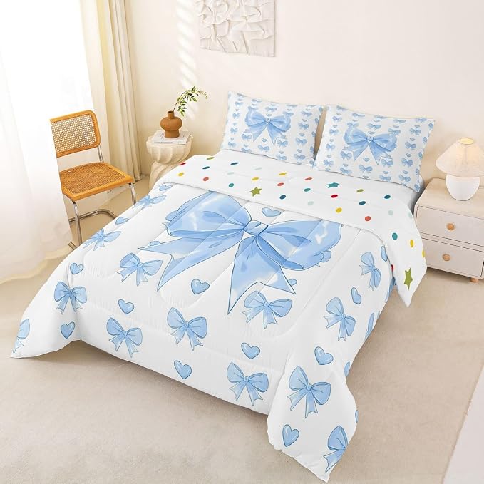 Feelyou Cute Blue Bowknot Kids Comforter Set Full Size Love Hearts Bow Bedding Set Girly Bow Duvet Quilt for Kids Boys Girls Bedroom Decor Microfiber Ultra Soft Breathable