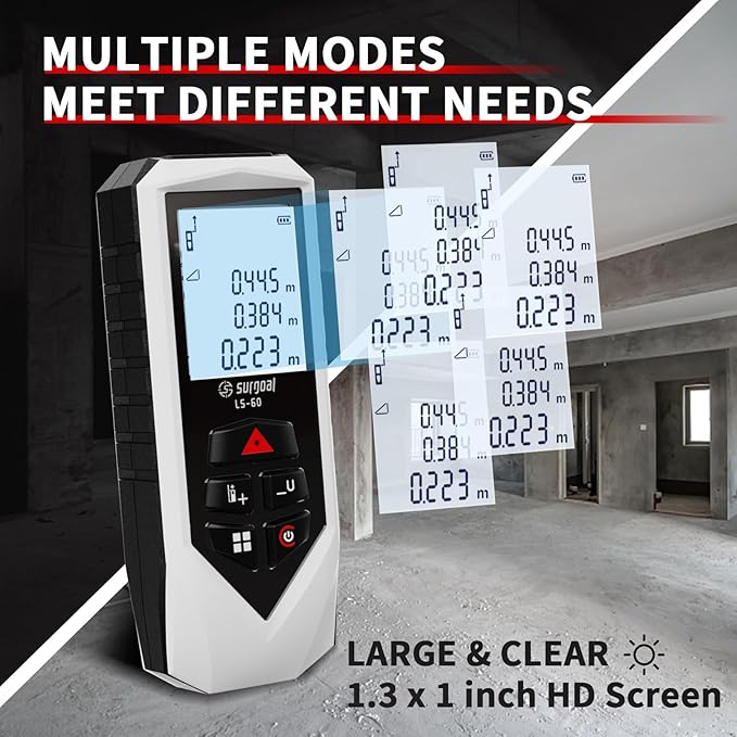 Laser Distance Meter Digital Laser Measuring Tool with LCD Backlit Display, Pythagorean Mode, Area & Volume Calculation, ±2mm Accuracy, Class II, Electronic Tape Measure for DIY and Construction 196ft