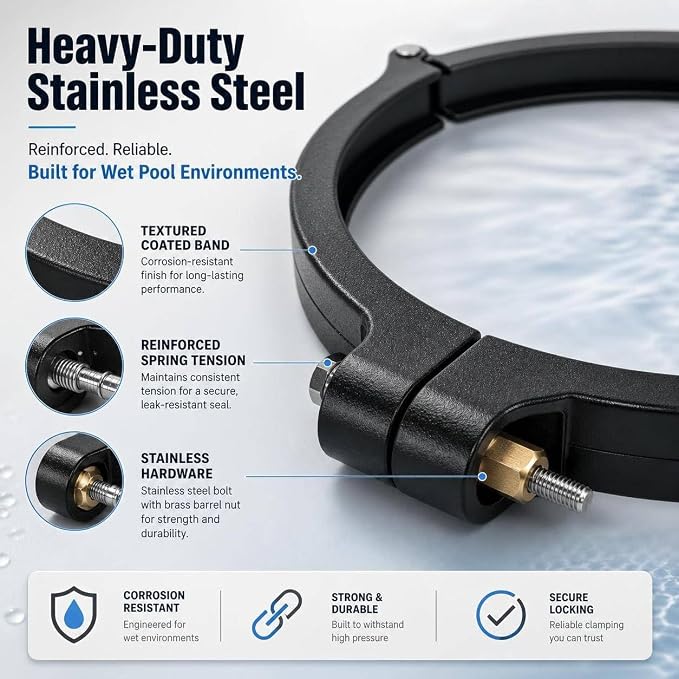 12-19/32" Pool Filter Tension Control Clamp Assembly, Heavy-Duty Spring Clamp Kit, Stainless Steel, Leak-Proof Seal, Quick Install for DE Pool Filters