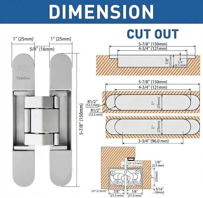 TamBee Outswing Hidden Door Hinges for Secret Door Secret Door Hinges Concealed Door Hinge Hidden Hinges for Secret Door 3 Way Adjustable 6inch 2PCs
