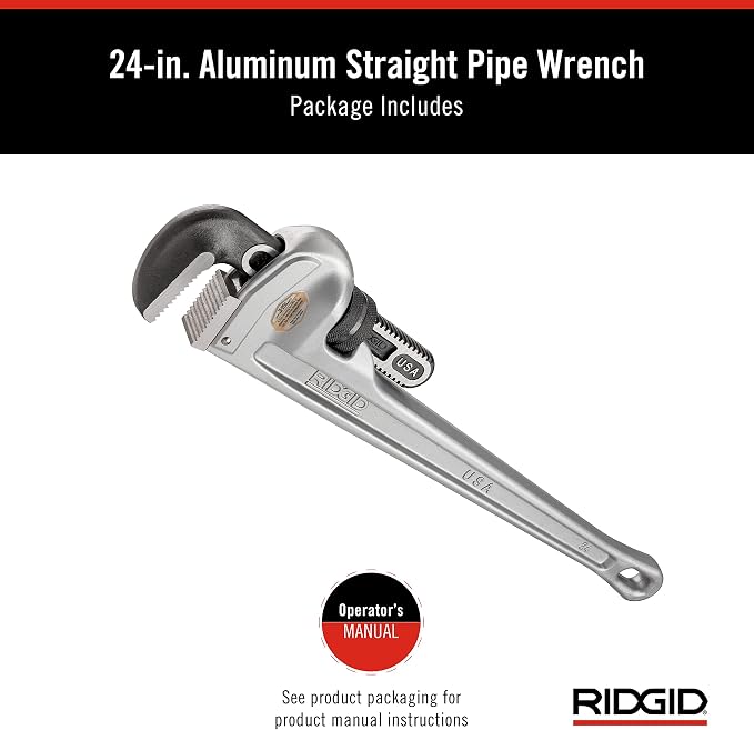 RIDGID 31105 Model 824 Aluminum Straight Pipe Wrench, 24-inch Plumbing Wrench, grey