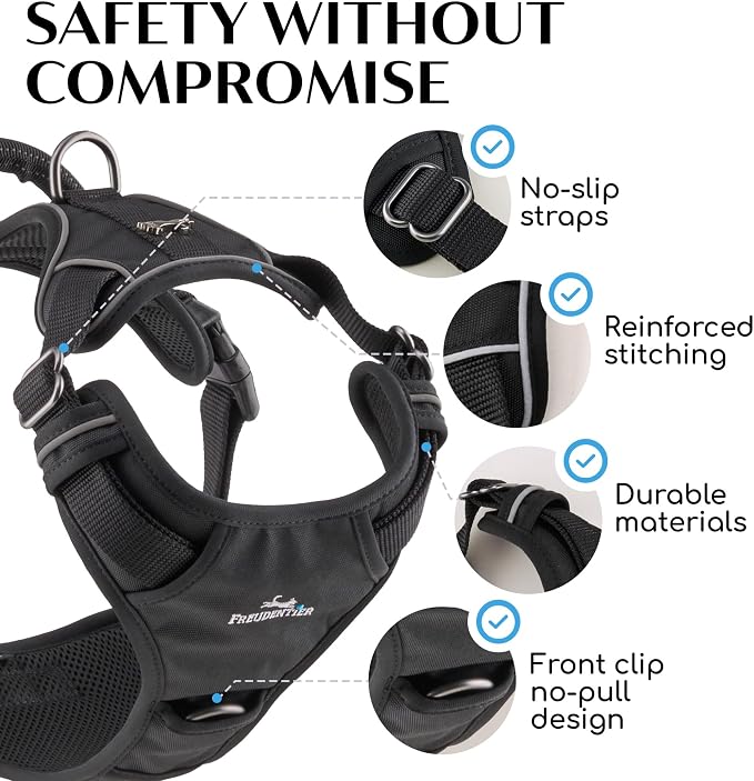 Freudentier No Pull Dog Harness with Handle, Front & Back Clips, Reflective | Soft breathable mesh padding - perfect fit with no chafing or slipping - comfortable dog vest for small, medium & large dogs