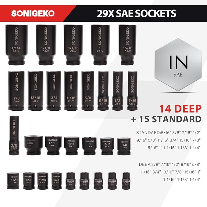 70-Piece 1/2" Drive Impact Socket Set, SAE 5/16"-1-1/4" & Metric 8-24mm | Cr-V Swivel Sockets, 6 Point Shallow & Deep with Ratchet Handle,Extension Bar(3"5"10"), Adapters, and Storage Case