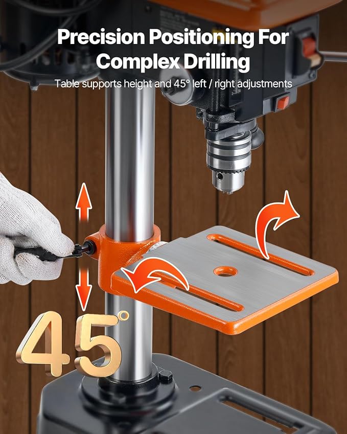 VEVOR 8 in Benchtop Drill Press, 2.5A Induction Motor, Tabletop Drilling Machine with 750/1140 / 1740/2340 / 3200 RPM Adjustable Speed, 0-45° Tilting Worktable, LED Work Light, for Wood Metal