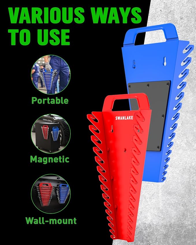 SWANLAKE Magnetic Wrench Organizer Toolbox Holder, 4-Pack SAE (1/4'' to 1-1/16''), Metric (6mm to 27mm) Wrench Organizers, Total Hold 60 Slots Ratchet Holders for Tool Box