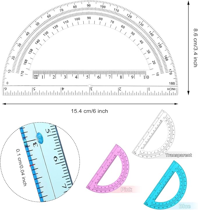 Zonon 3 Pack 6 Inch Plastic Protractor 180 Degrees Pink Blue Clear Protractors for Classroom, School, Math, Teacher, Student Office Supplies, Geometry, Angle Measurement, Christmas Gifts