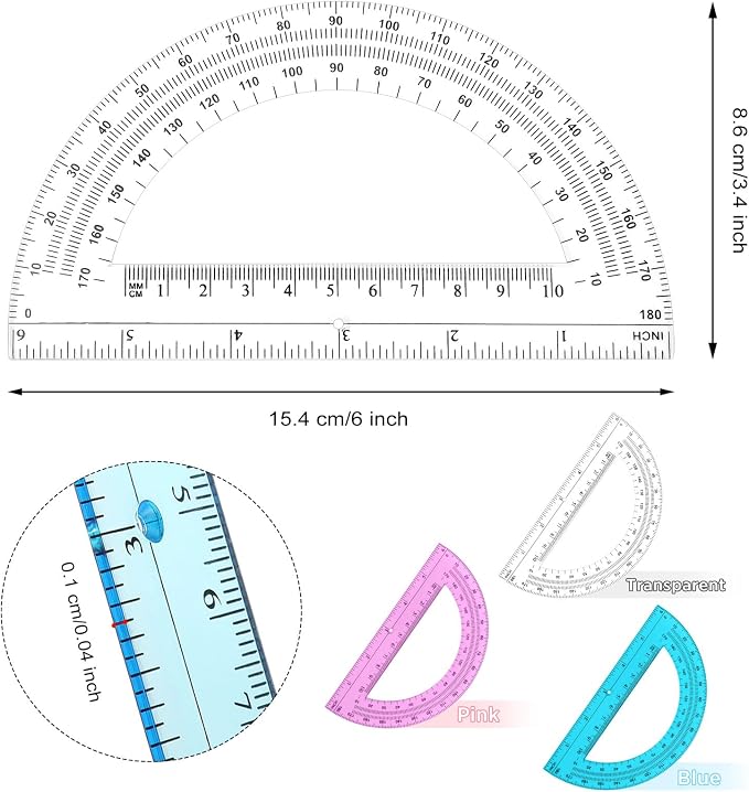Zonon 3 Pack 6 Inch Plastic Protractor 180 Degrees Pink Blue Clear Protractors for Classroom, School, Math, Teacher, Student Office Supplies, Geometry, Angle Measurement, Christmas Gifts